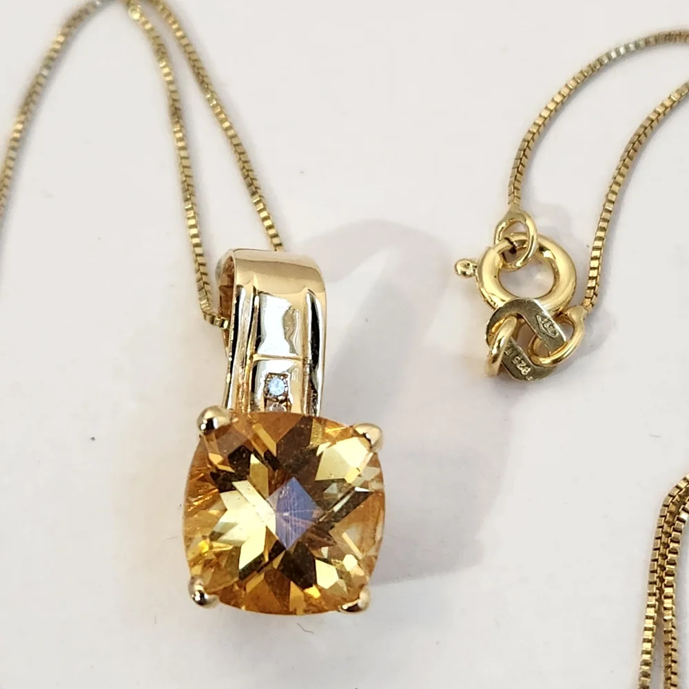 VTG Estate Older 14K Solid Gold Citrine & Diamond Open Bail Pendant & Chain - Picture 2 of 13
